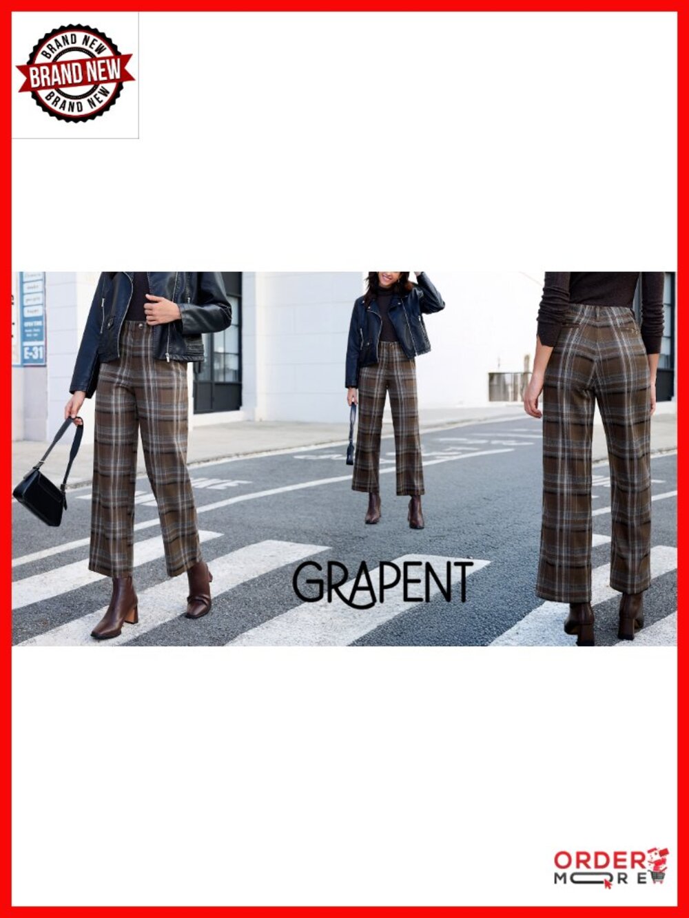 Wide Leg High Waisted Plaid Trousers Elastic Waist Work Pants with Pockets - Picture 6 of 6